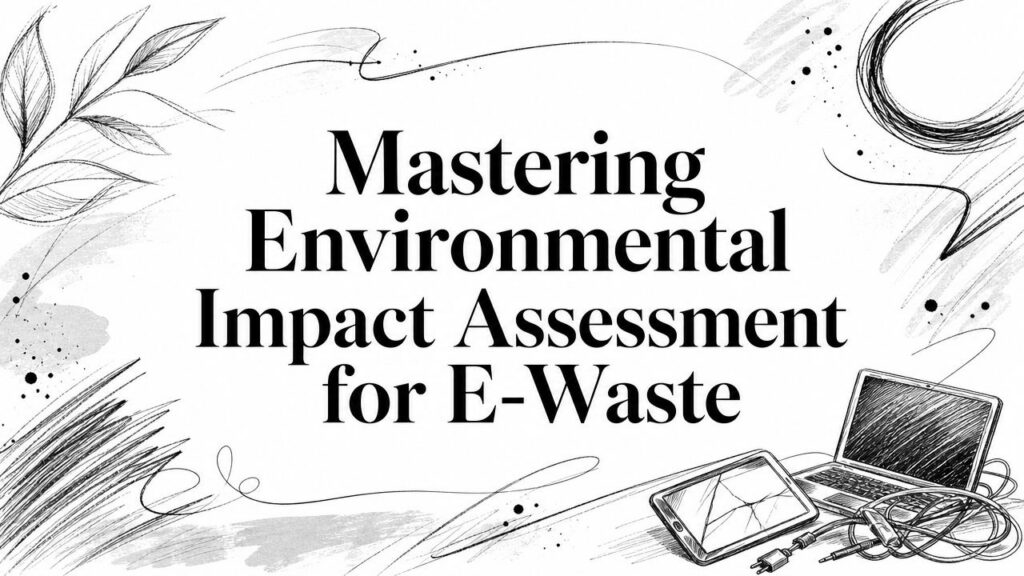 Image shows "Mastering Environmental Impact Assessment for E-Waste" with leaf and electronics line art.