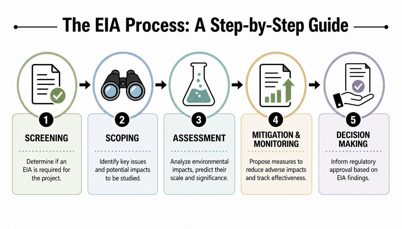 An infographic showing the five-step EIA process including screening, scoping, assessment, mitigation, monitoring, and decision making.