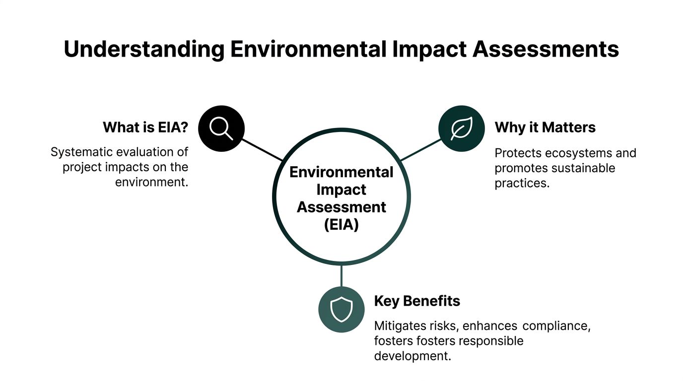 A diagram explaining environmental impact assessment, its purpose, importance, and key benefits for sustainable development projects.