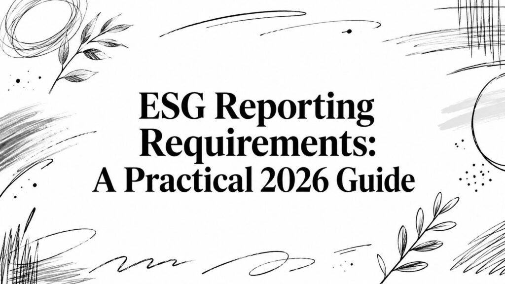 The text "ESG Reporting Requirements: A Practical 2026 Guide" appears on white with black doodles.