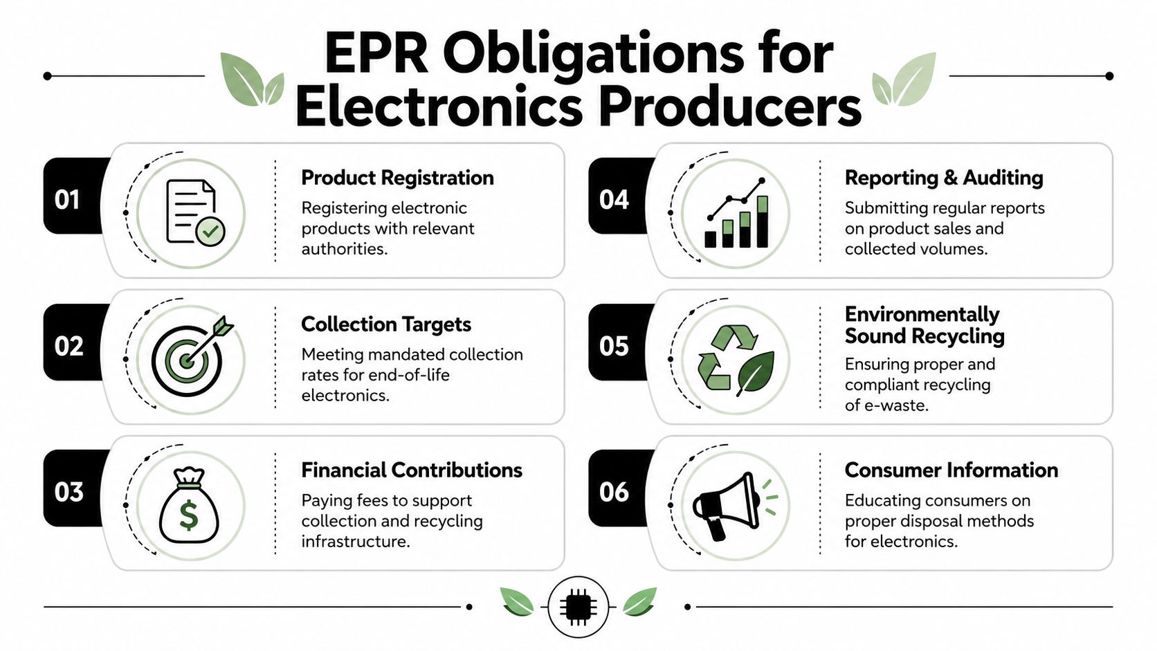 An infographic detailing six key obligations for electronics producers regarding Extended Producer Responsibility regulations.