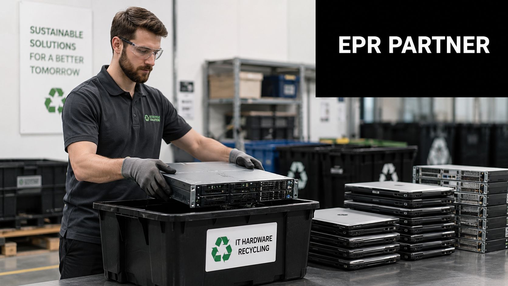 A professional technician wearing safety gear sorts discarded IT server hardware for recycling in a warehouse facility.