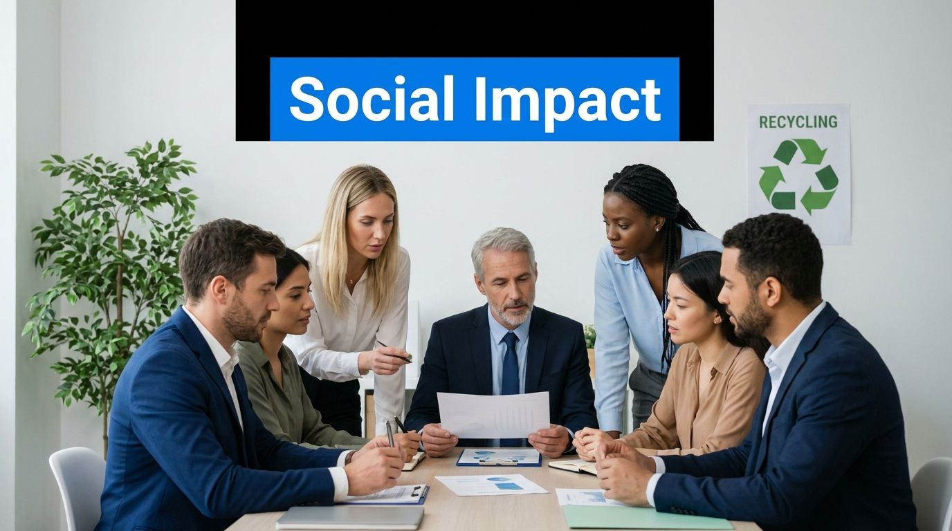 A diverse team of professionals meeting in an office to discuss business and social impact initiatives.