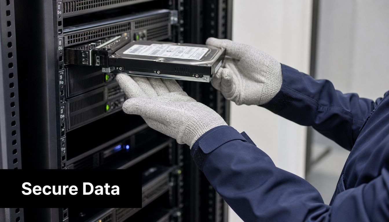 A technician wearing protective gloves inserting a hard drive into a server rack for data center maintenance.