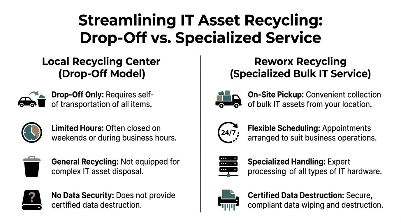 A comparison chart showing differences between local drop-off recycling centers and professional IT asset recycling services.