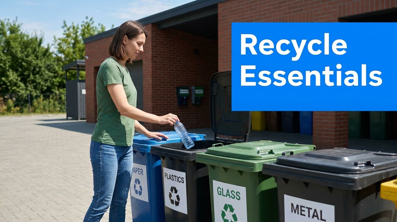 A woman recycling a plastic water bottle into the correct labeled bin at a recycling center.