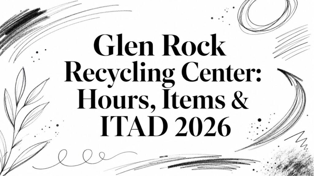 A graphic shows “Glen Rock Recycling Center: Hours, Items & ITAD 2026” with abstract black lines.