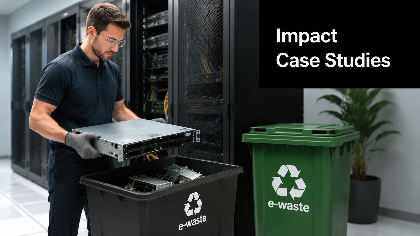 A technician in a server room disposing of old server hardware into a labelled e-waste recycling bin.