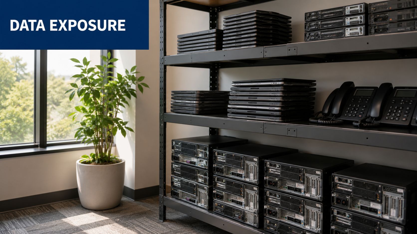 A storage rack holding stacked laptops, desktop computers, and office phones in a modern workspace environment.