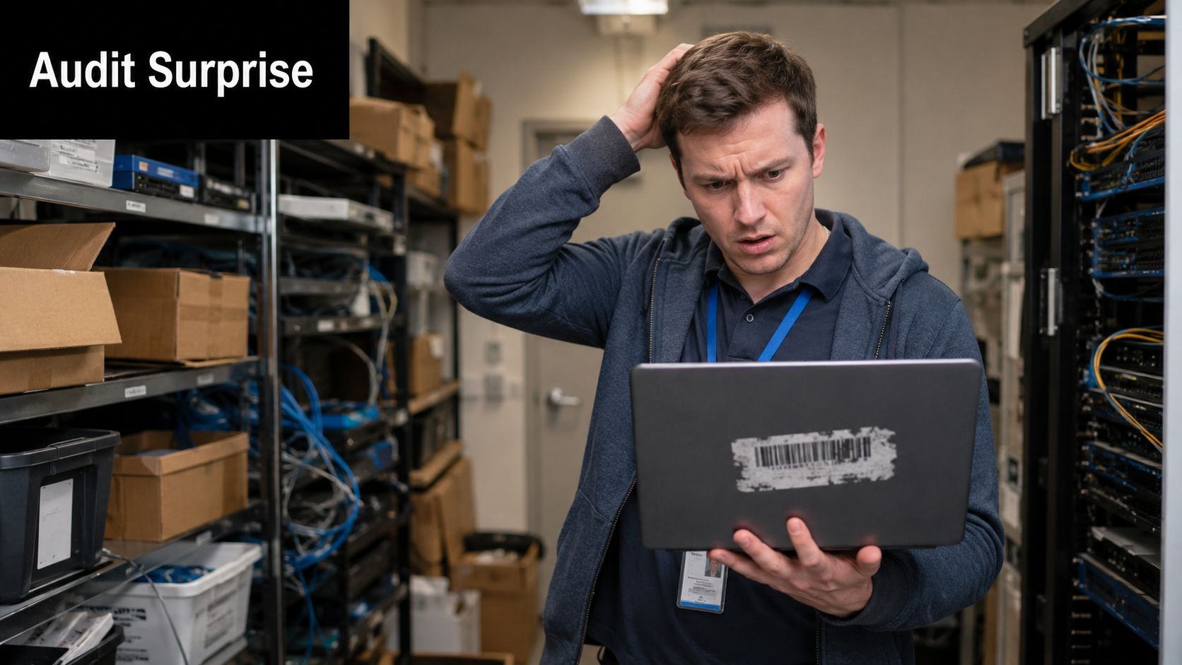 A confused IT technician in a server room looking at a laptop while managing inventory labeling system.