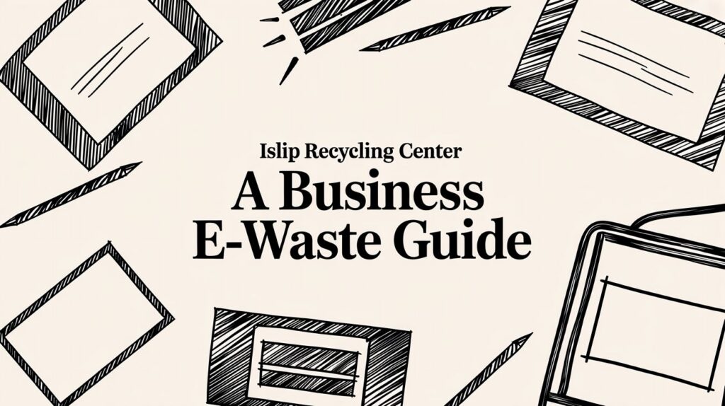 Illustration of electronics with the text "Islip Recycling Center, A Business E-Waste Guide" displayed.