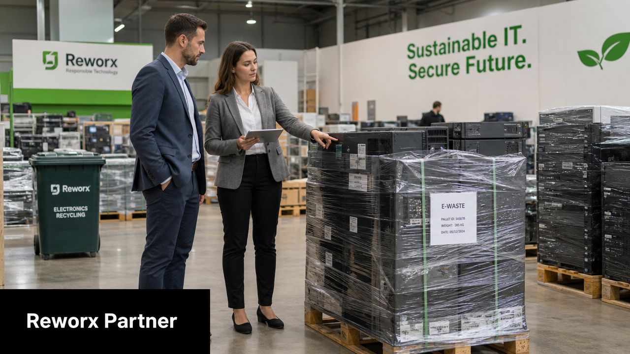 A professional man and woman inspect palletized IT equipment at the Reworkx electronics recycling facility warehouse.