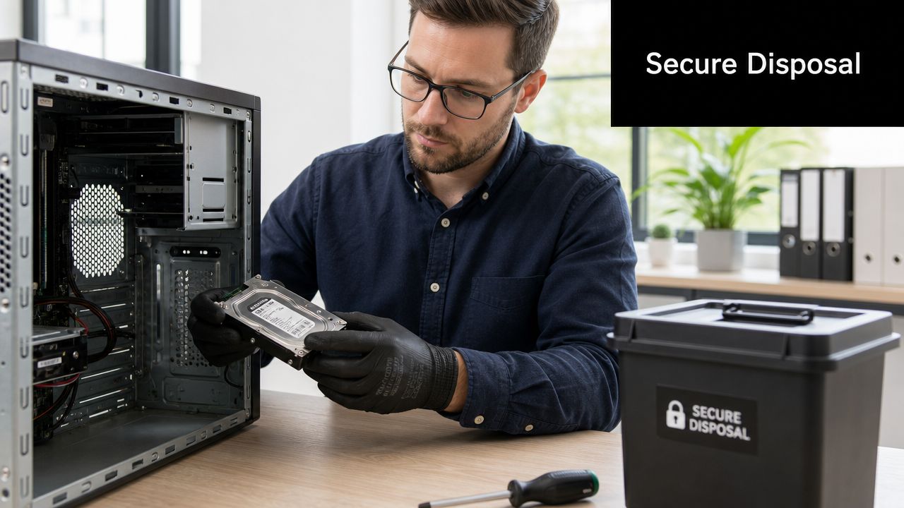 A technician wearing black gloves carefully removes a hard drive from a desktop computer for secure disposal.