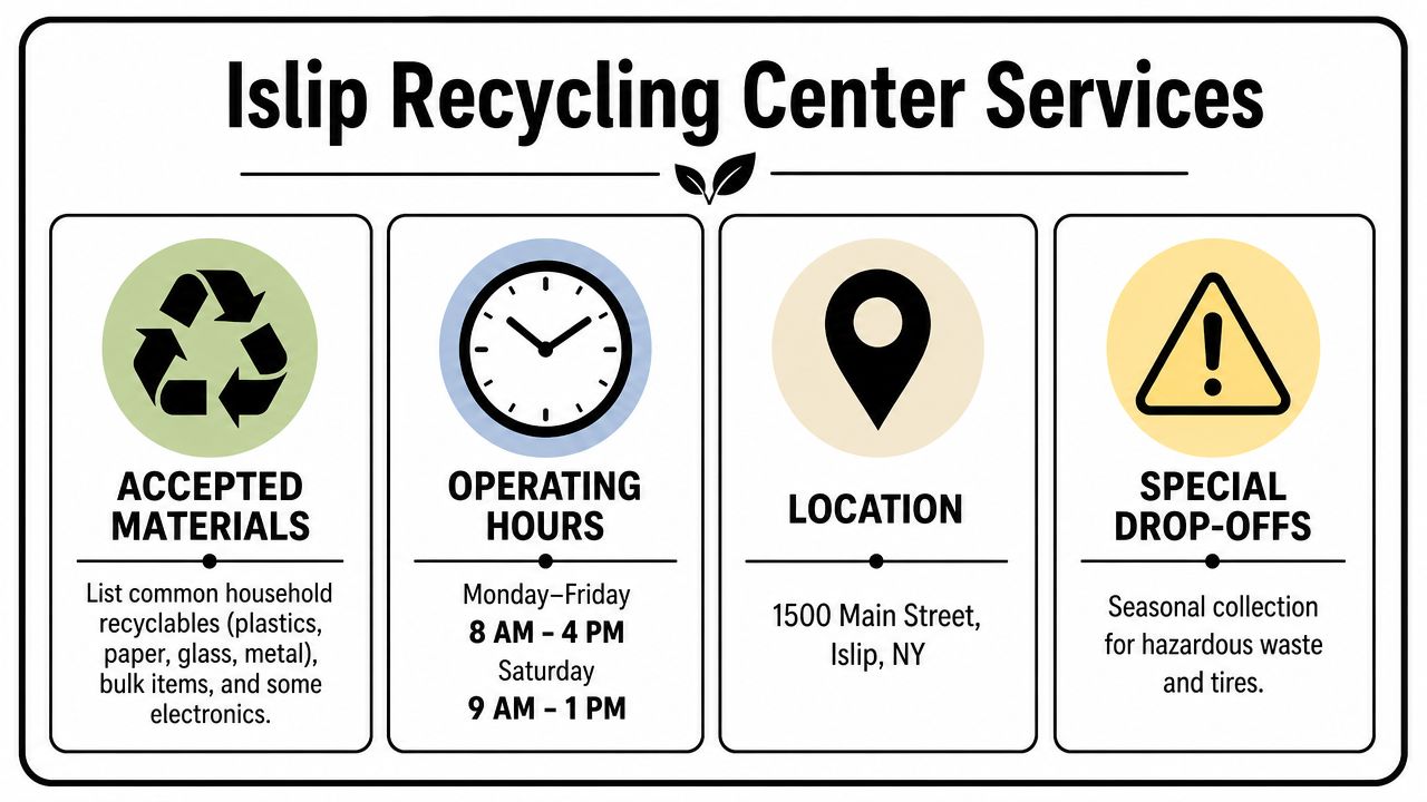 A sign for Islip Recycling Center Services displaying accepted materials, operating hours, location, and special drop-offs.