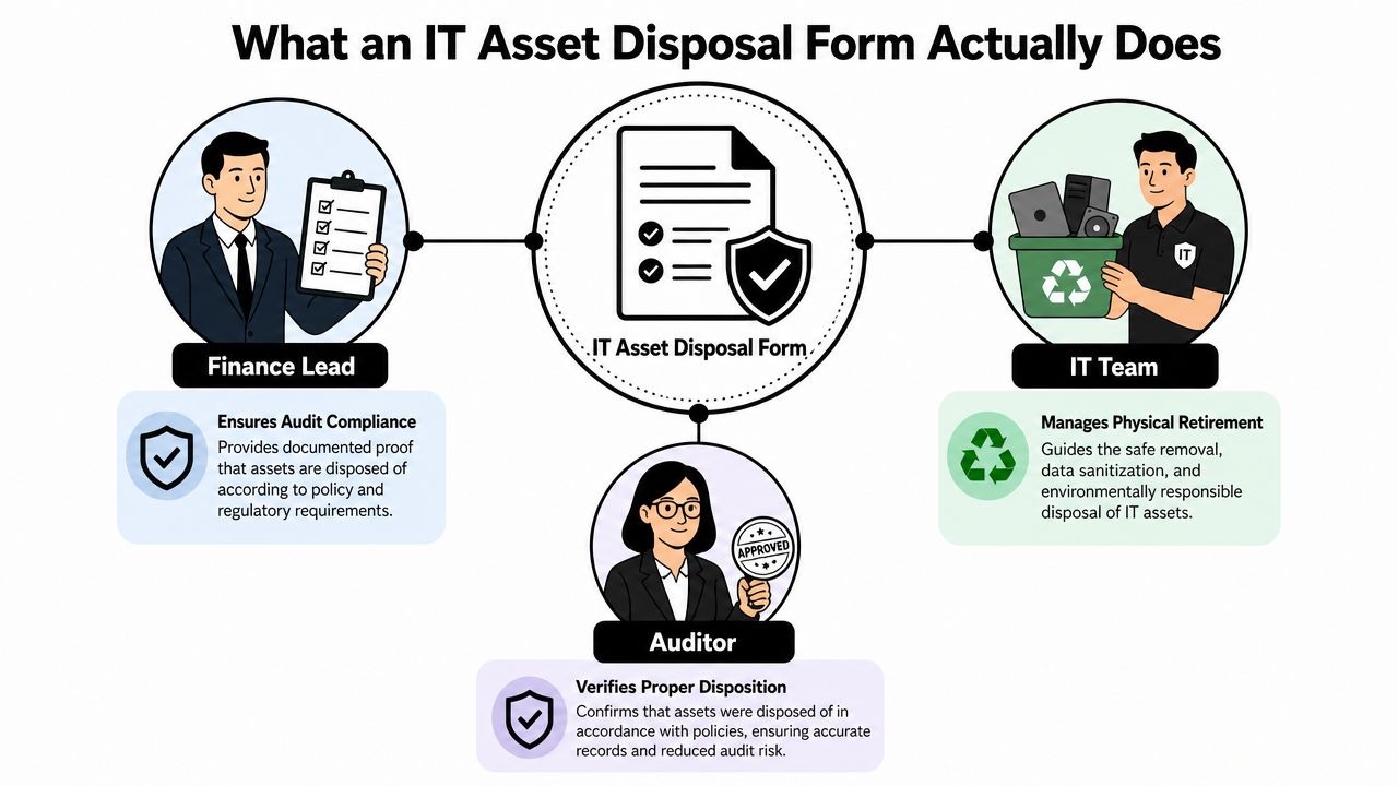 A diagram illustrating how an IT asset disposal form connects the Finance Lead, Auditor, and IT Team.