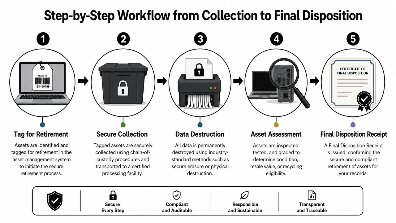 A five-step flowchart illustrating the secure IT asset disposal process from initial tagging to final disposition receipt.