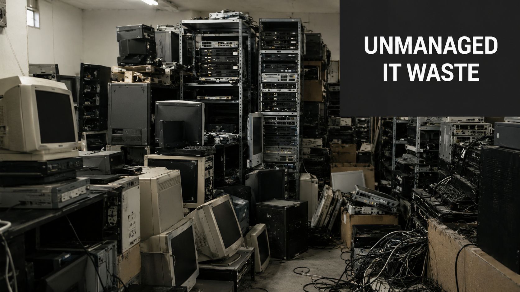 A large room filled with disorganized old computer equipment, servers, and electronic waste items.