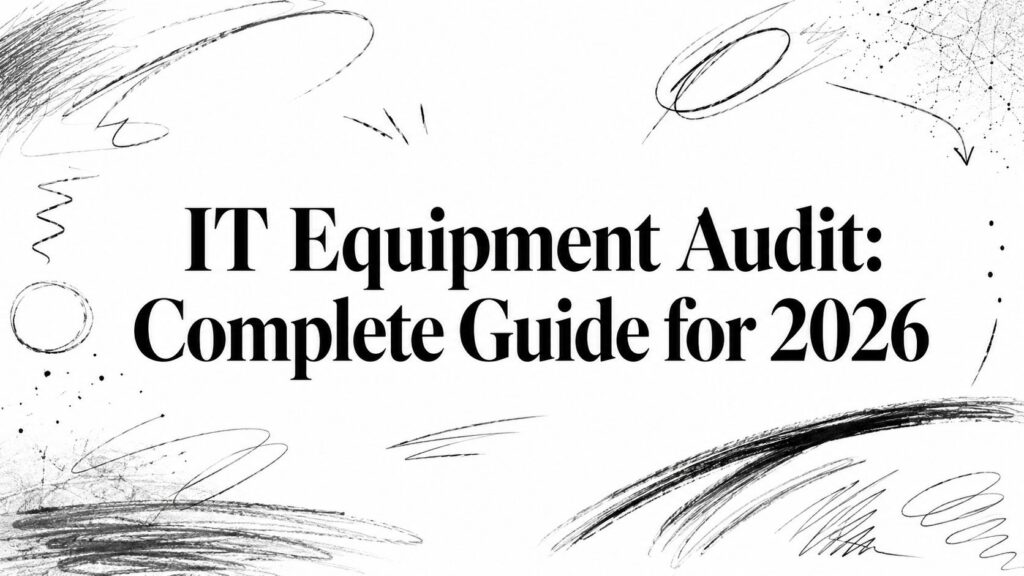 Text "IT Equipment Audit: Complete Guide for 2026" on white, with black abstract doodles in background.