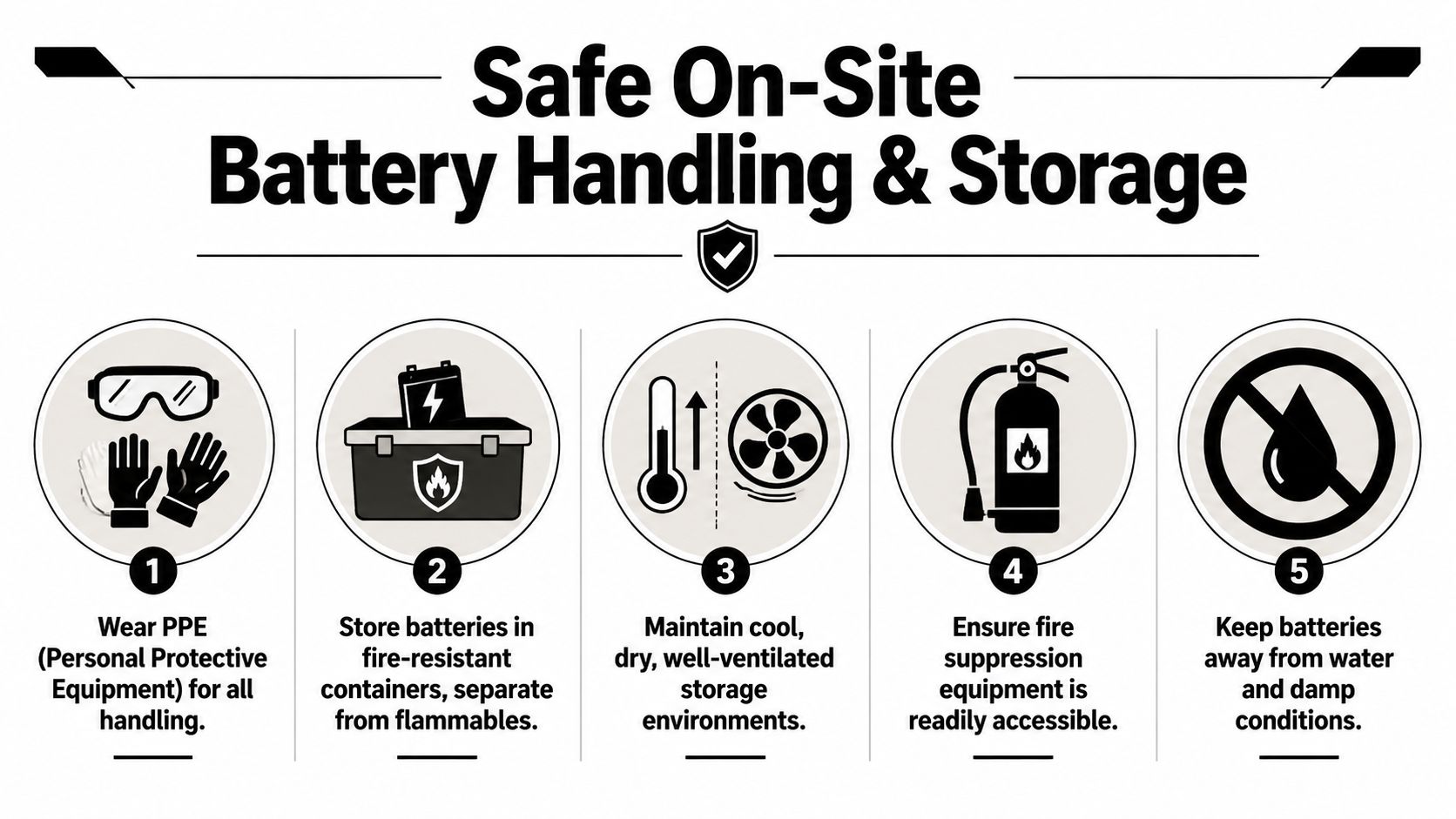 A safety infographic illustrating five essential guidelines for the proper handling and storage of industrial batteries.