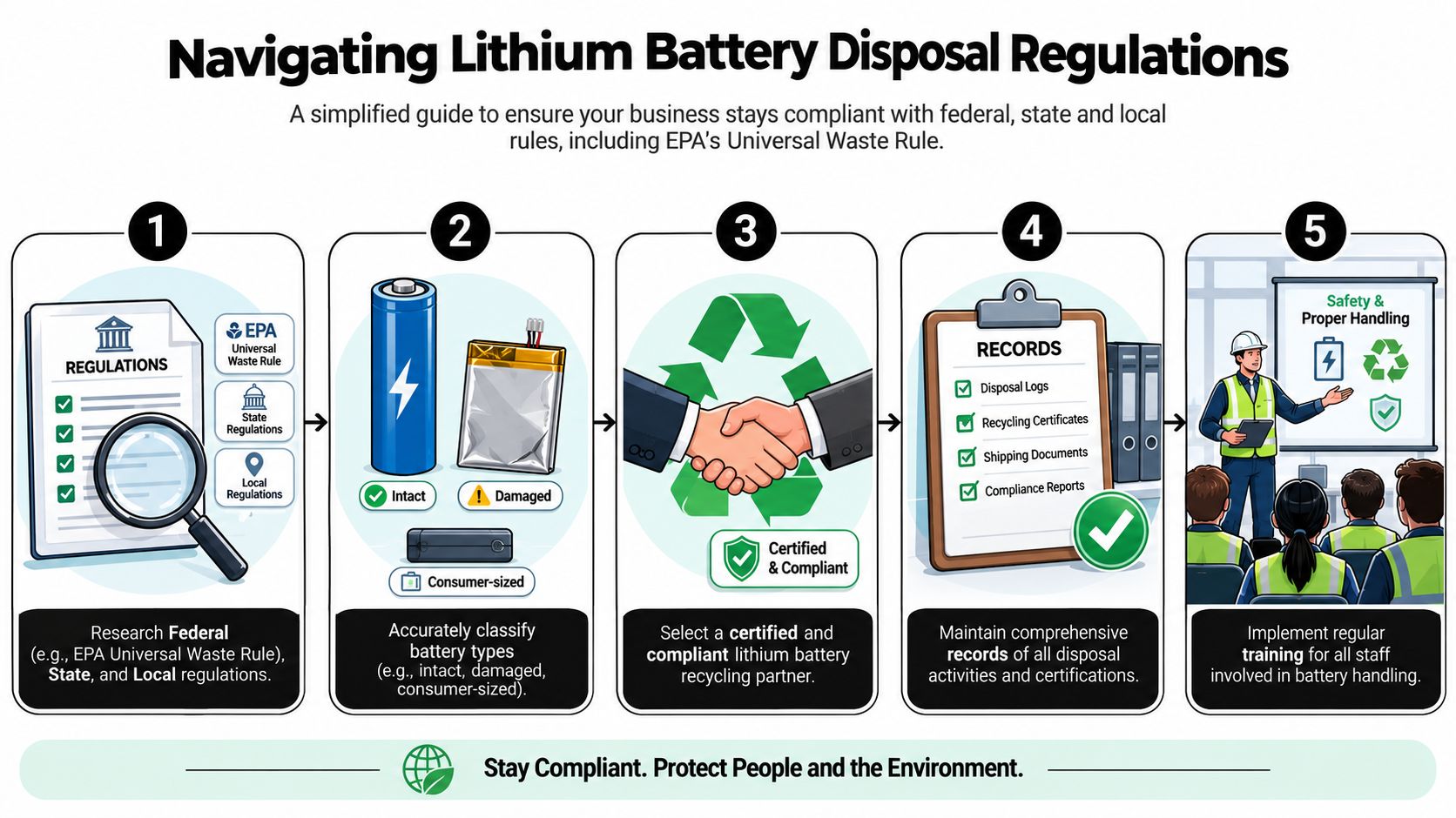 An infographic detailing five essential steps for businesses to safely and legally dispose of lithium batteries.