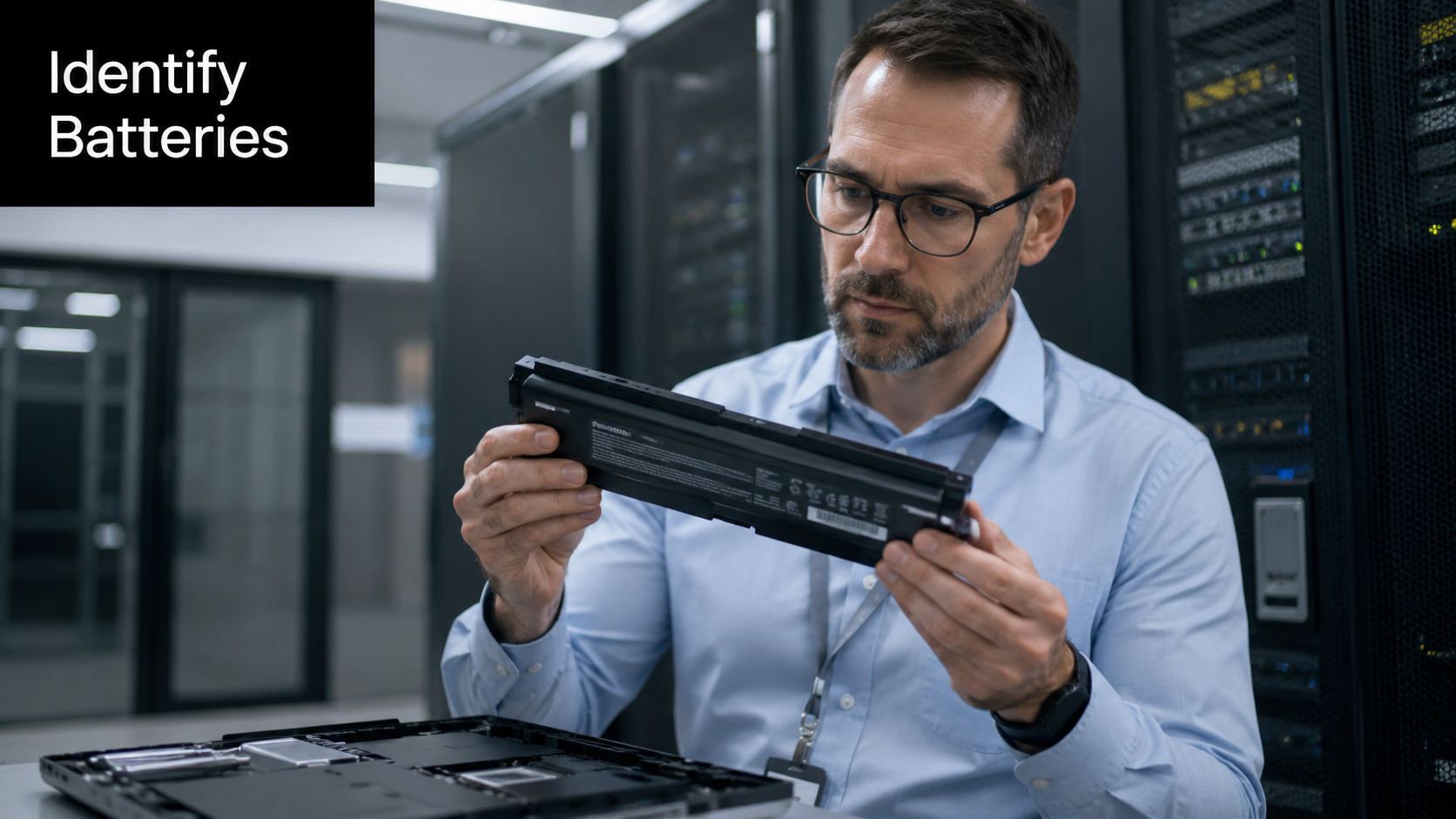 A professional technician carefully examining a laptop battery in a modern, organized server room data center.