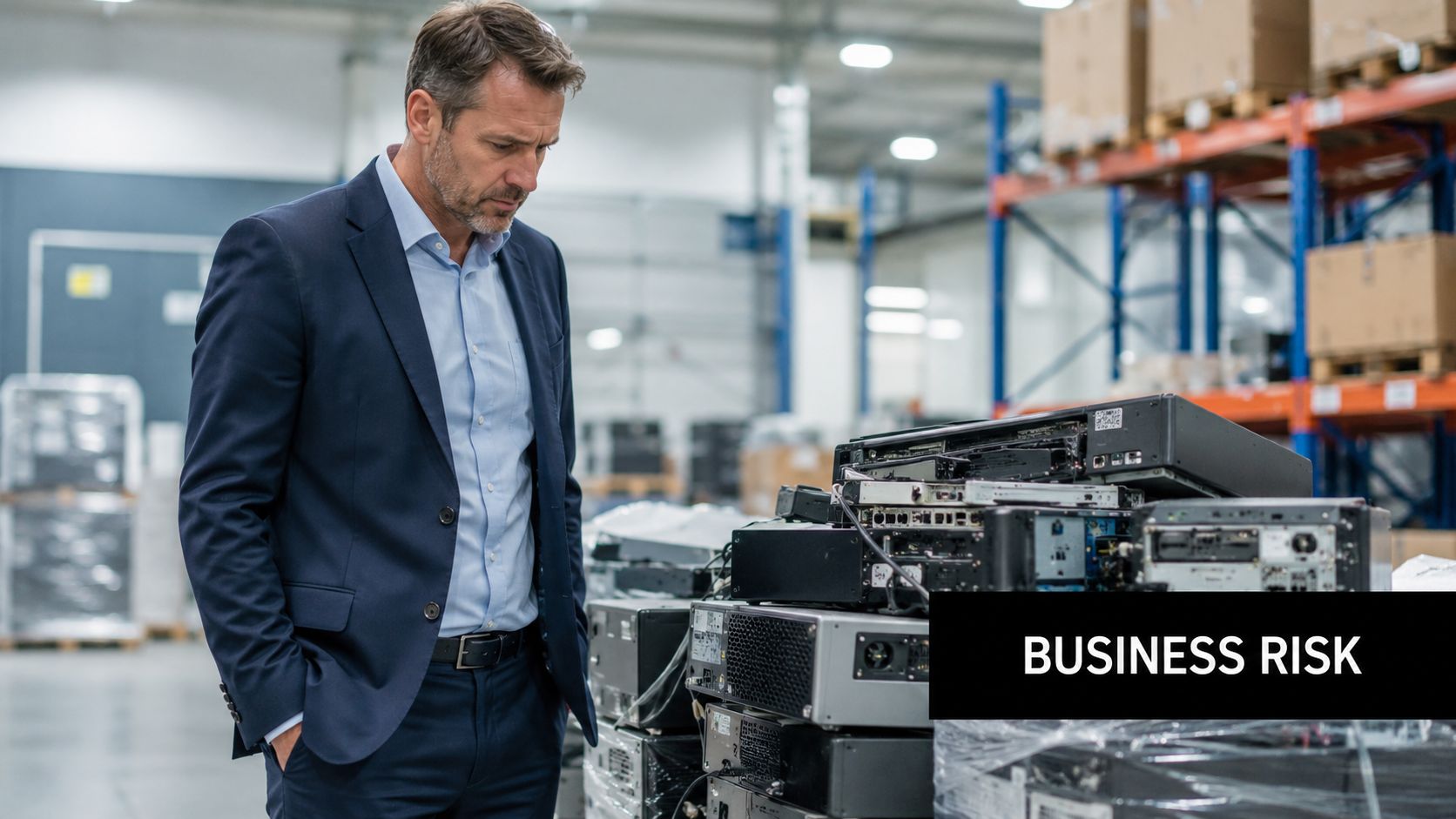 A professional man in a suit looking down at a stack of old electronic equipment in a warehouse.