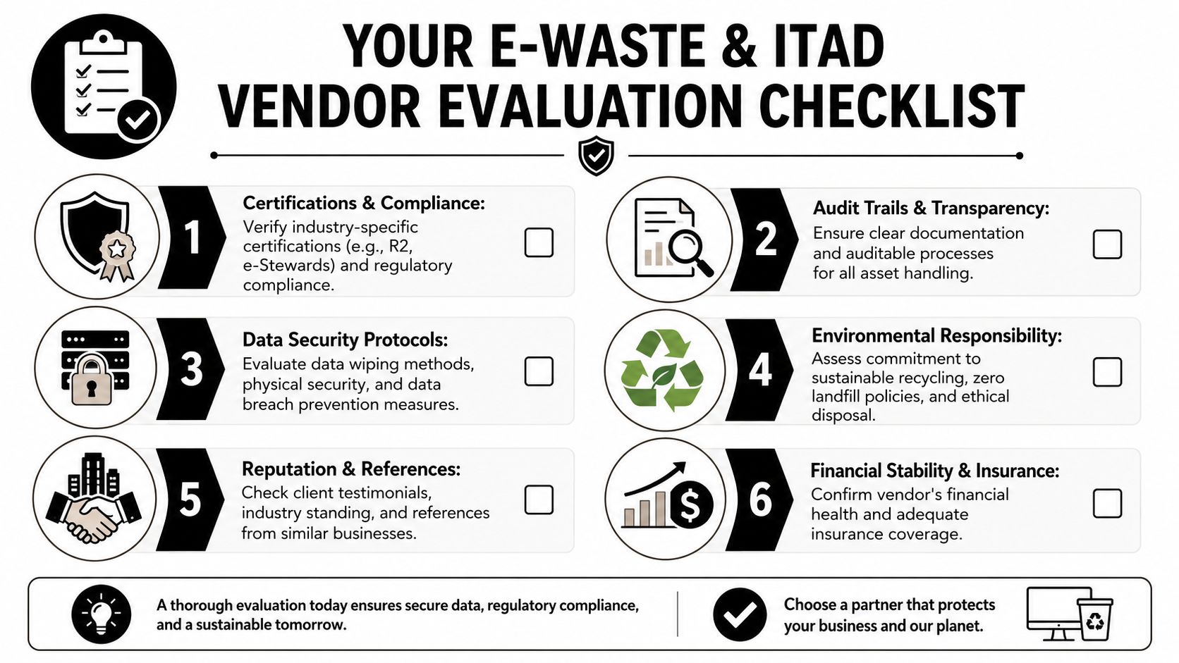 A checklist infographic outlining six essential criteria for evaluating e-waste and IT asset disposition service providers.
