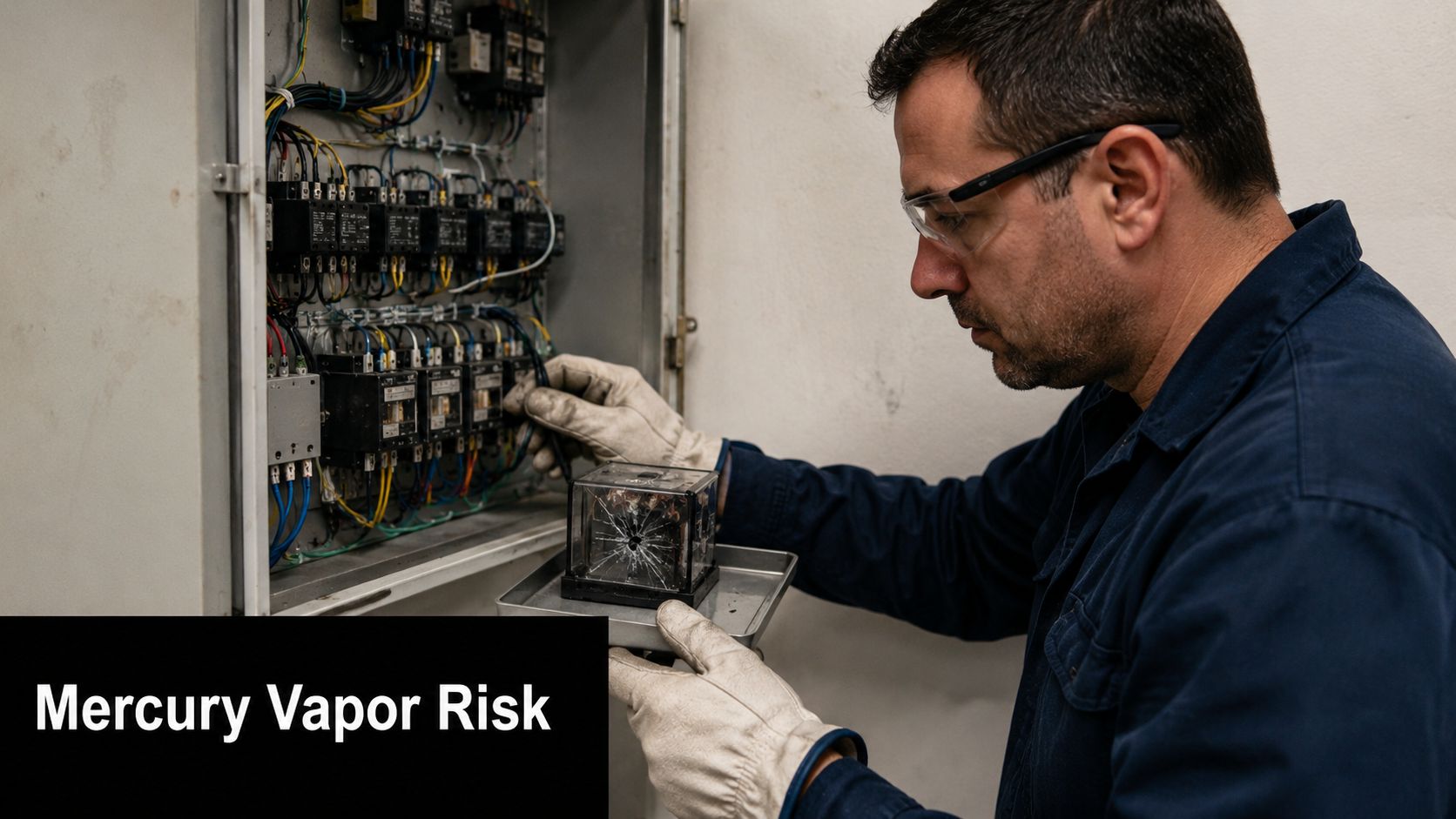 A technician wearing protective gloves and glasses inspects a damaged electrical relay in a control panel.