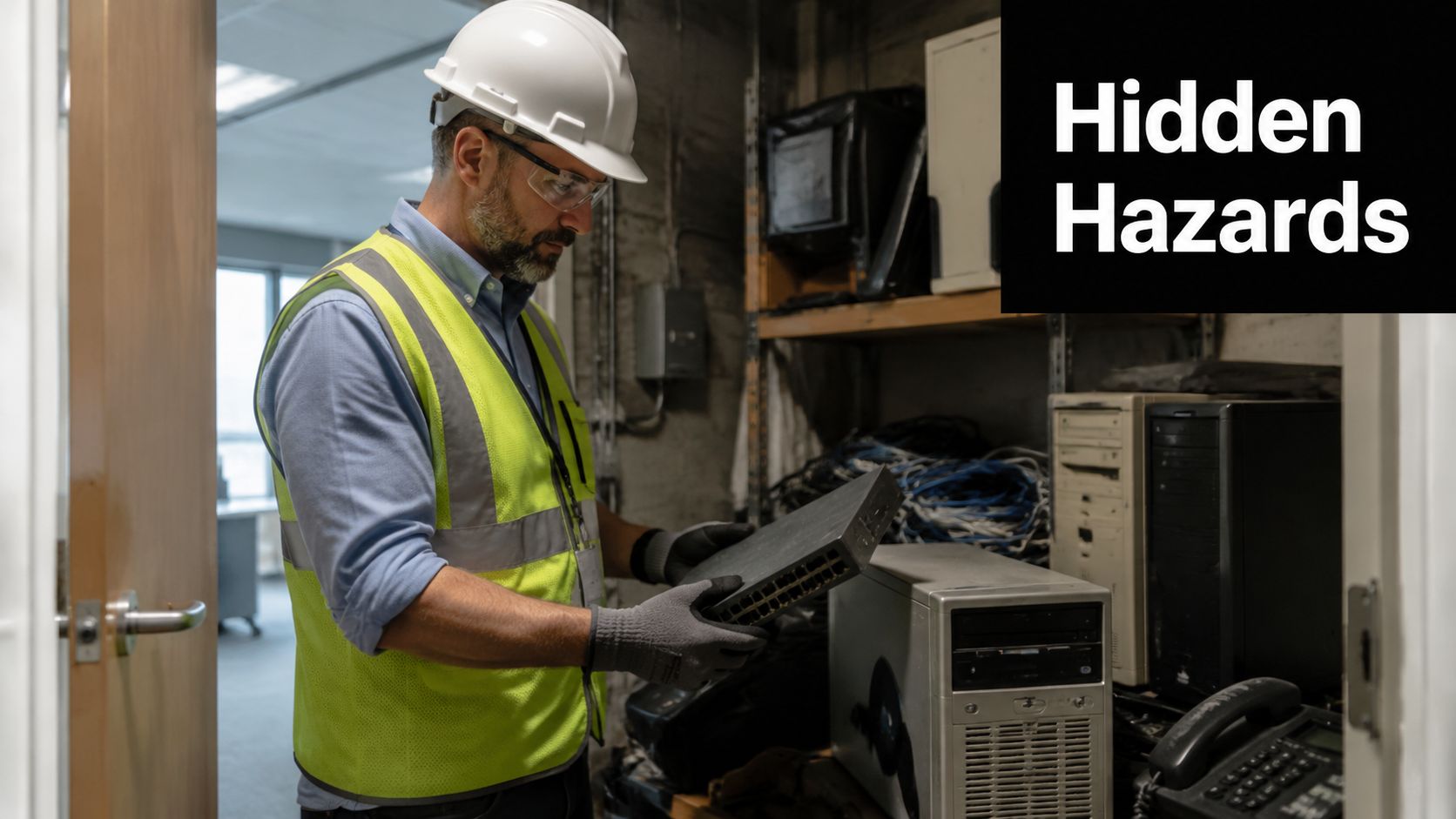 A professional construction worker inspecting electronic equipment in a cluttered server room setting with hidden hazards.