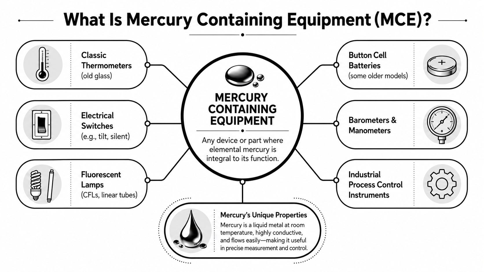 An infographic explaining what mercury containing equipment is, featuring examples like thermometers, switches, lamps, and batteries.