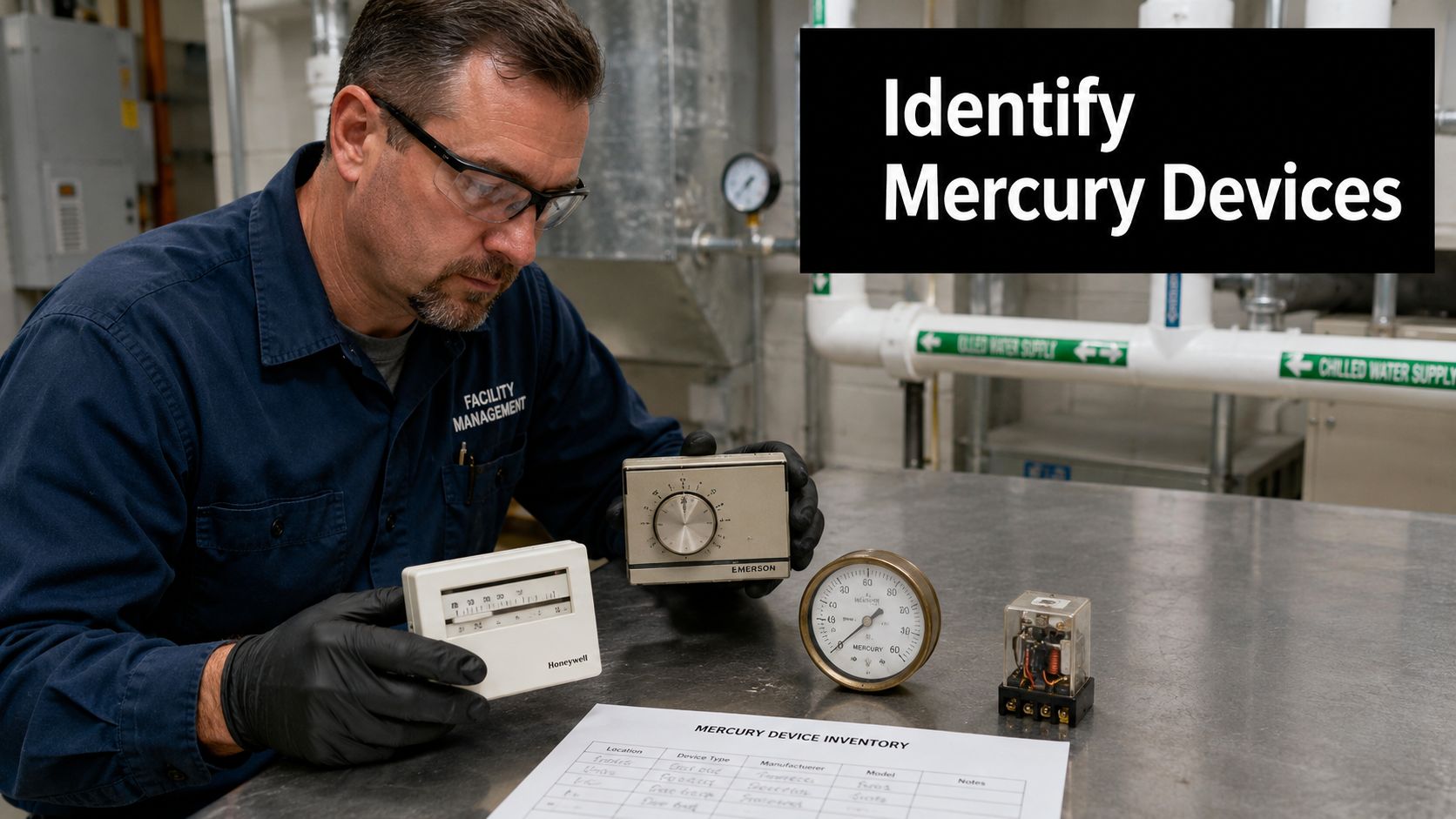 A facility manager examines various antique mercury-containing industrial devices on a table for an inventory audit.