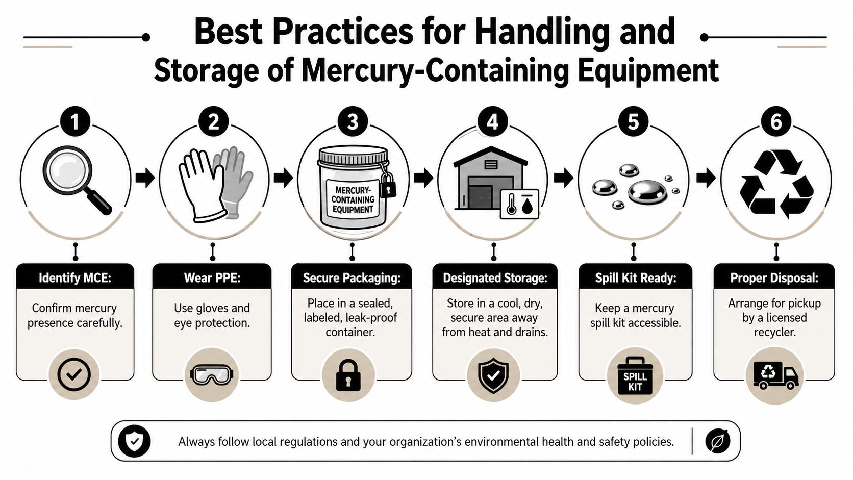 A six-step infographic demonstrating best practices for the safe handling and storage of mercury-containing equipment.