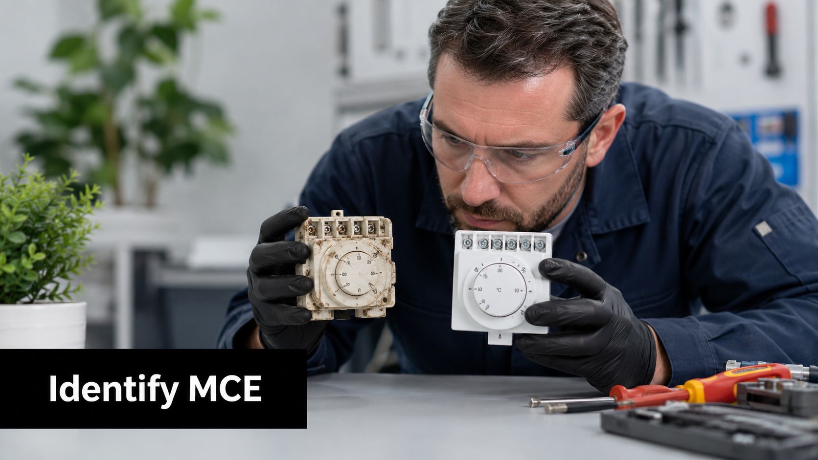 A professional technician wearing safety glasses and black gloves inspects an old and a new thermostat.