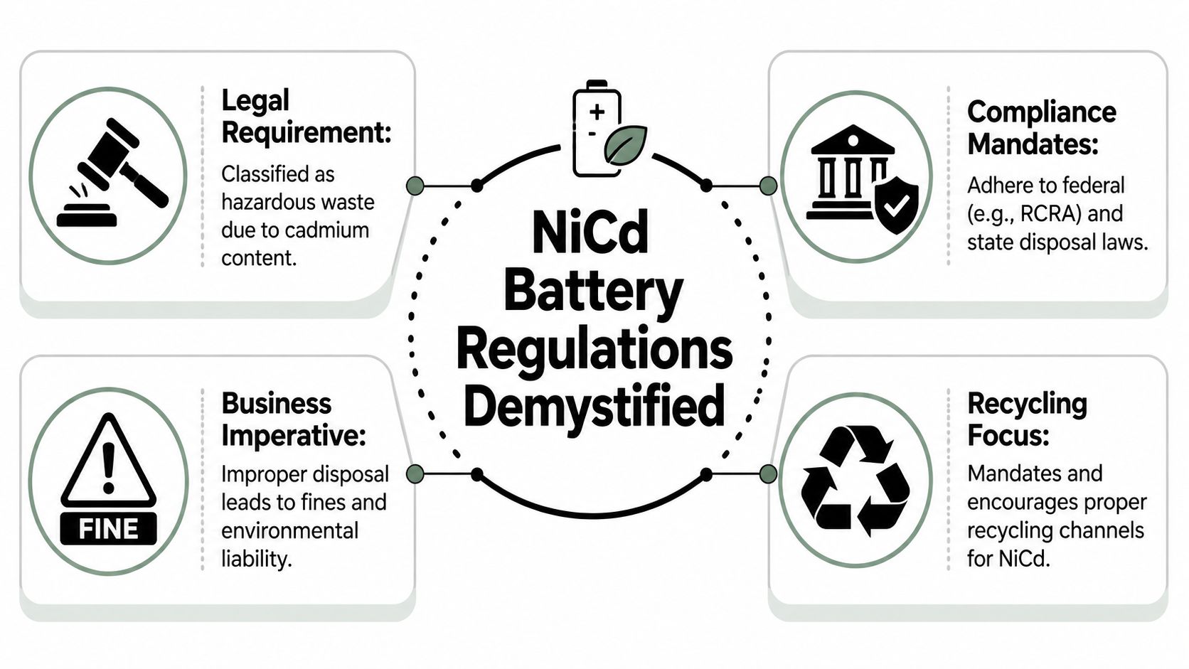 An infographic titled NiCd Battery Regulations Demystified, outlining legal requirements, compliance mandates, business risks, and recycling focuses.