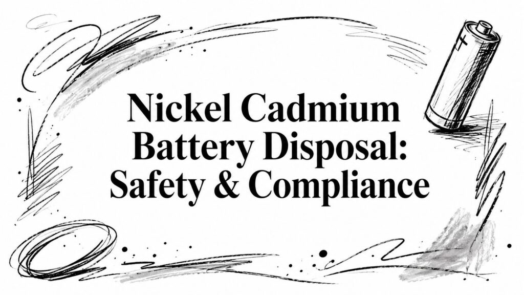 A sketch shows a battery next to abstract lines, highlighting Nickel Cadmium Battery Disposal safety.
