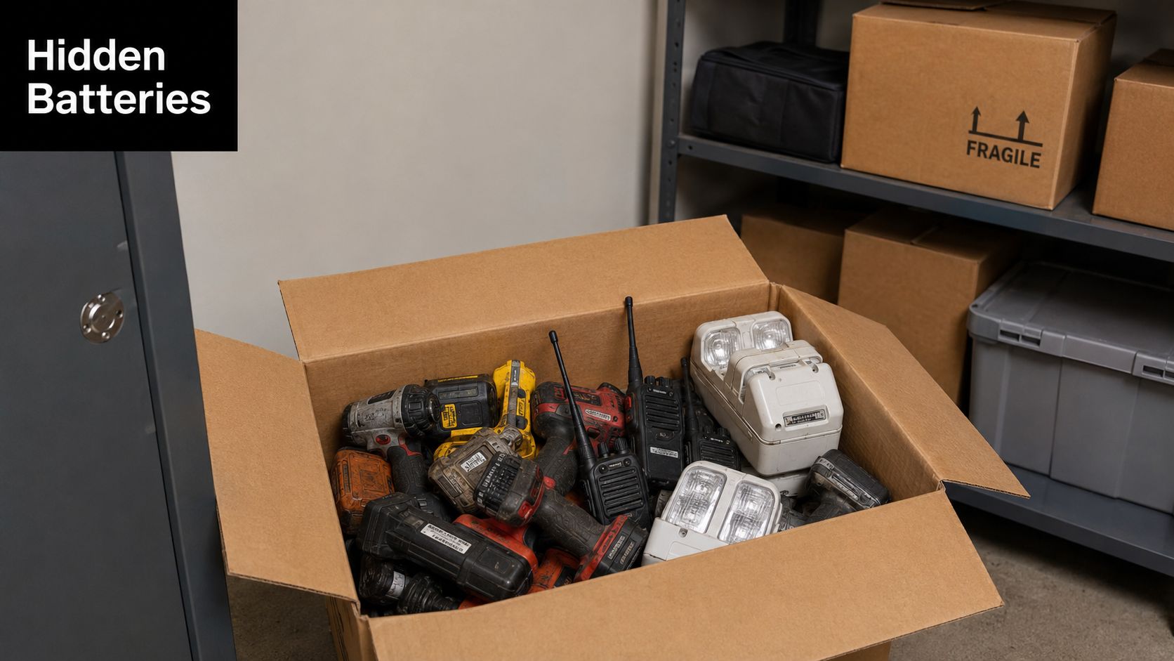 A cardboard box filled with various power tools, walkie talkies, and emergency lighting units in a storage area.