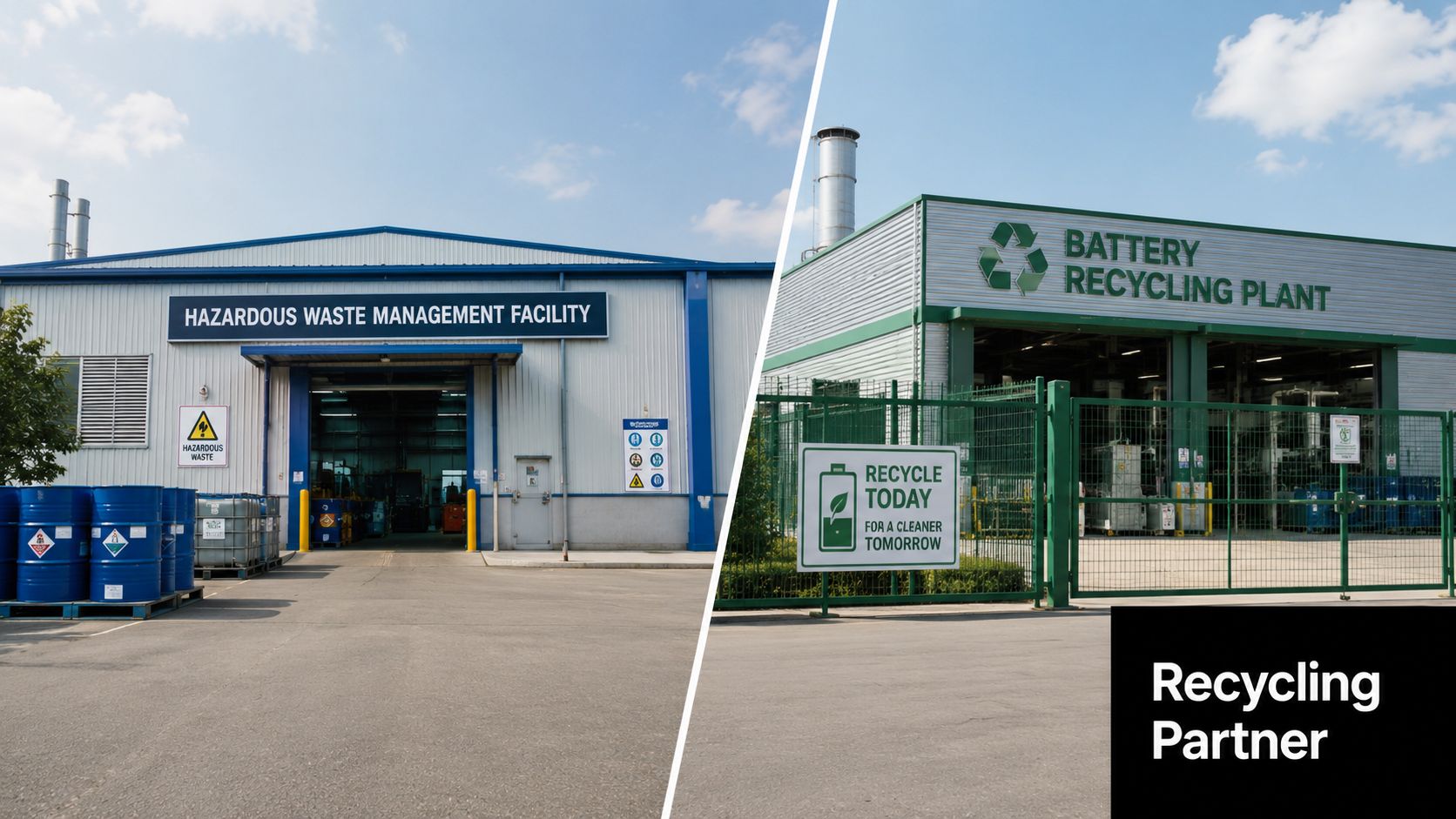 A split-screen image showing a hazardous waste management facility and a battery recycling plant exterior.