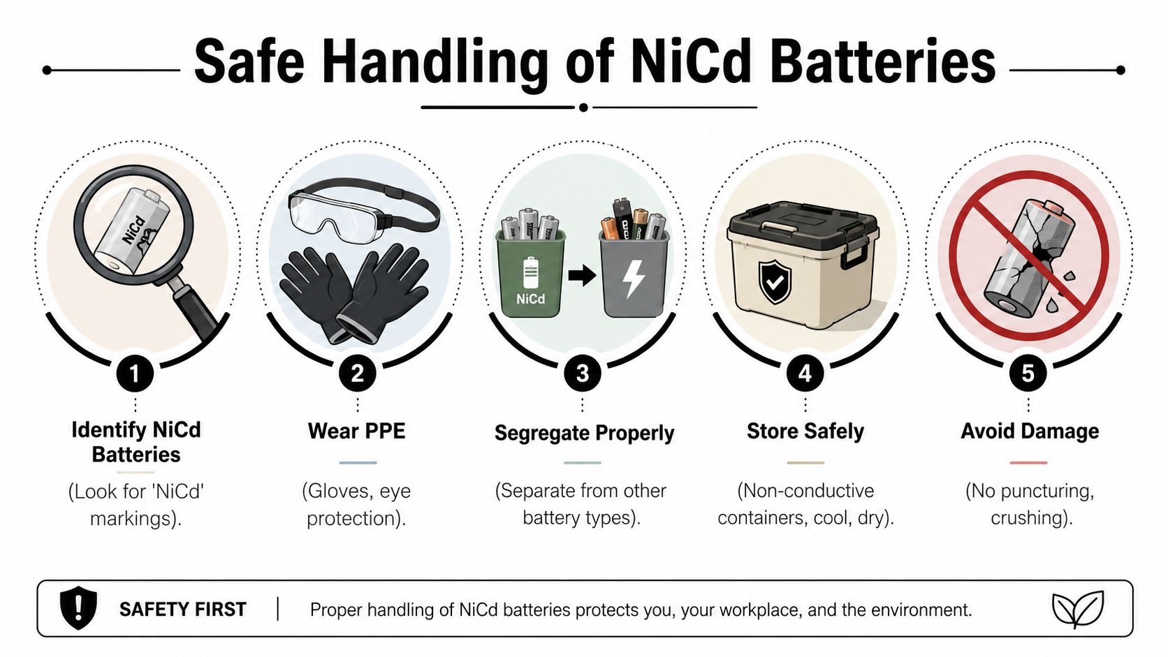 An infographic showing five essential safety steps for the proper handling and disposal of NiCd batteries.