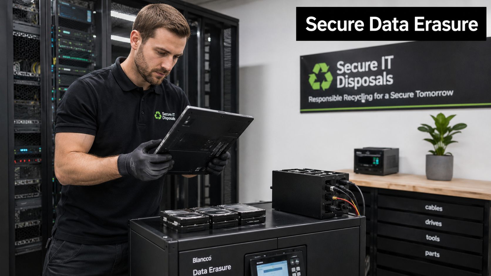 A technician wearing gloves inspecting a laptop for secure data erasure in a professional server room.