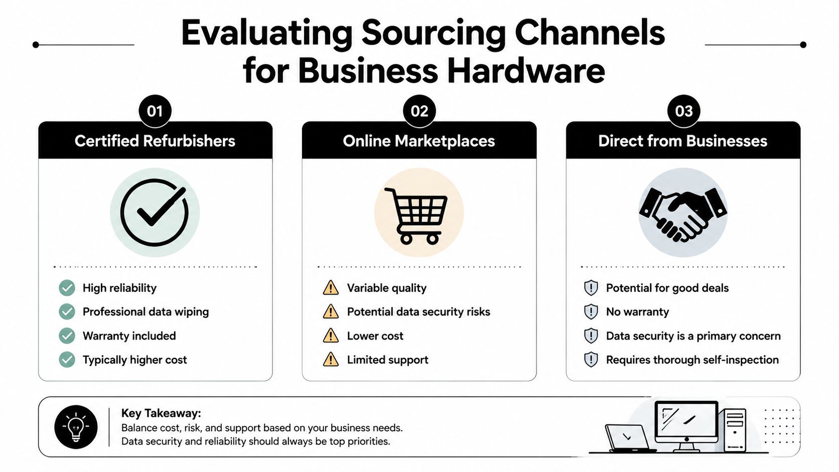 An infographic titled Evaluating Sourcing Channels for Business Hardware, comparing Certified Refurbishers, Online Marketplaces, and Direct from Businesses.