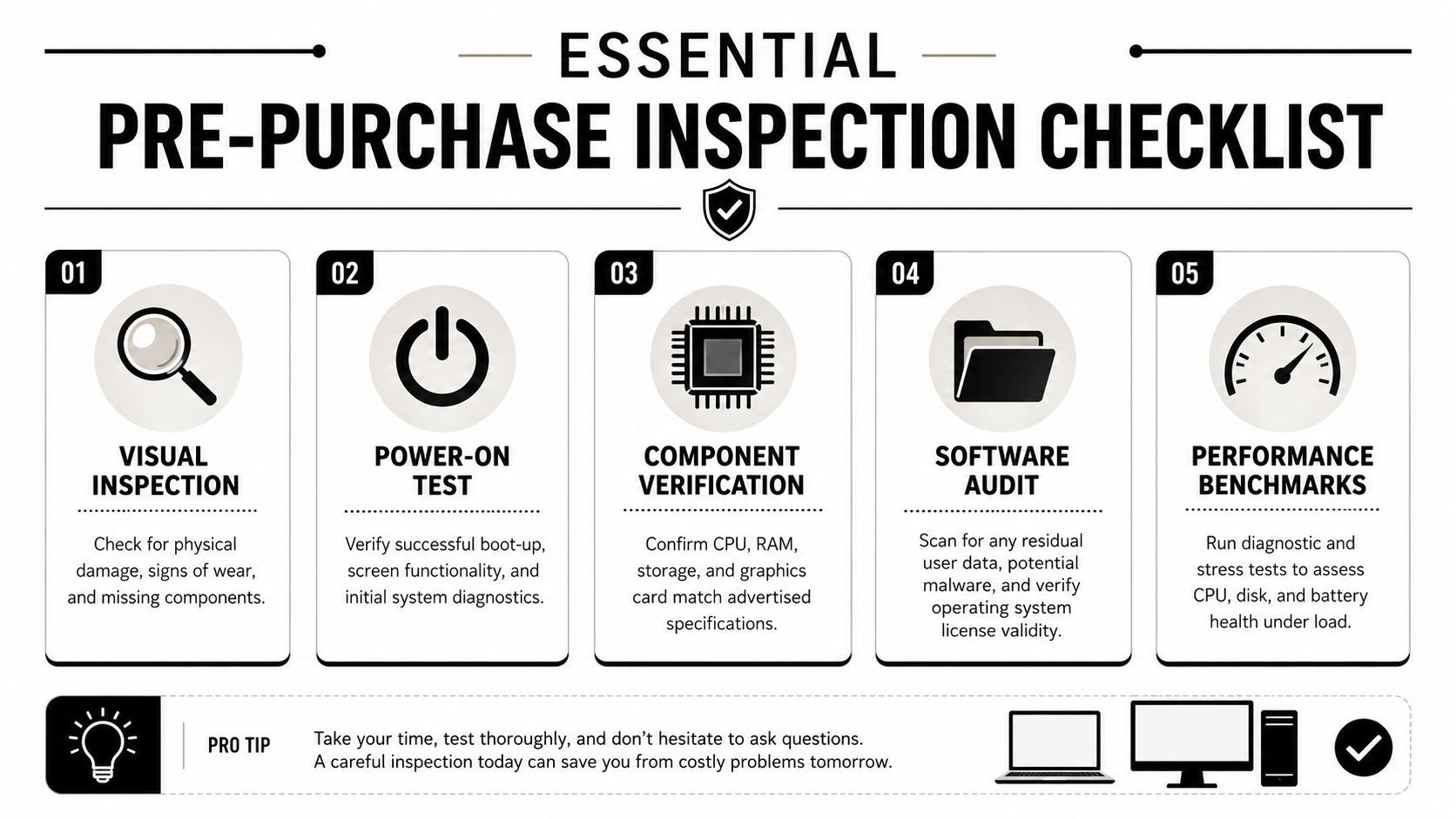 A checklist infographic outlining five essential steps for performing a technical inspection before buying used computers.