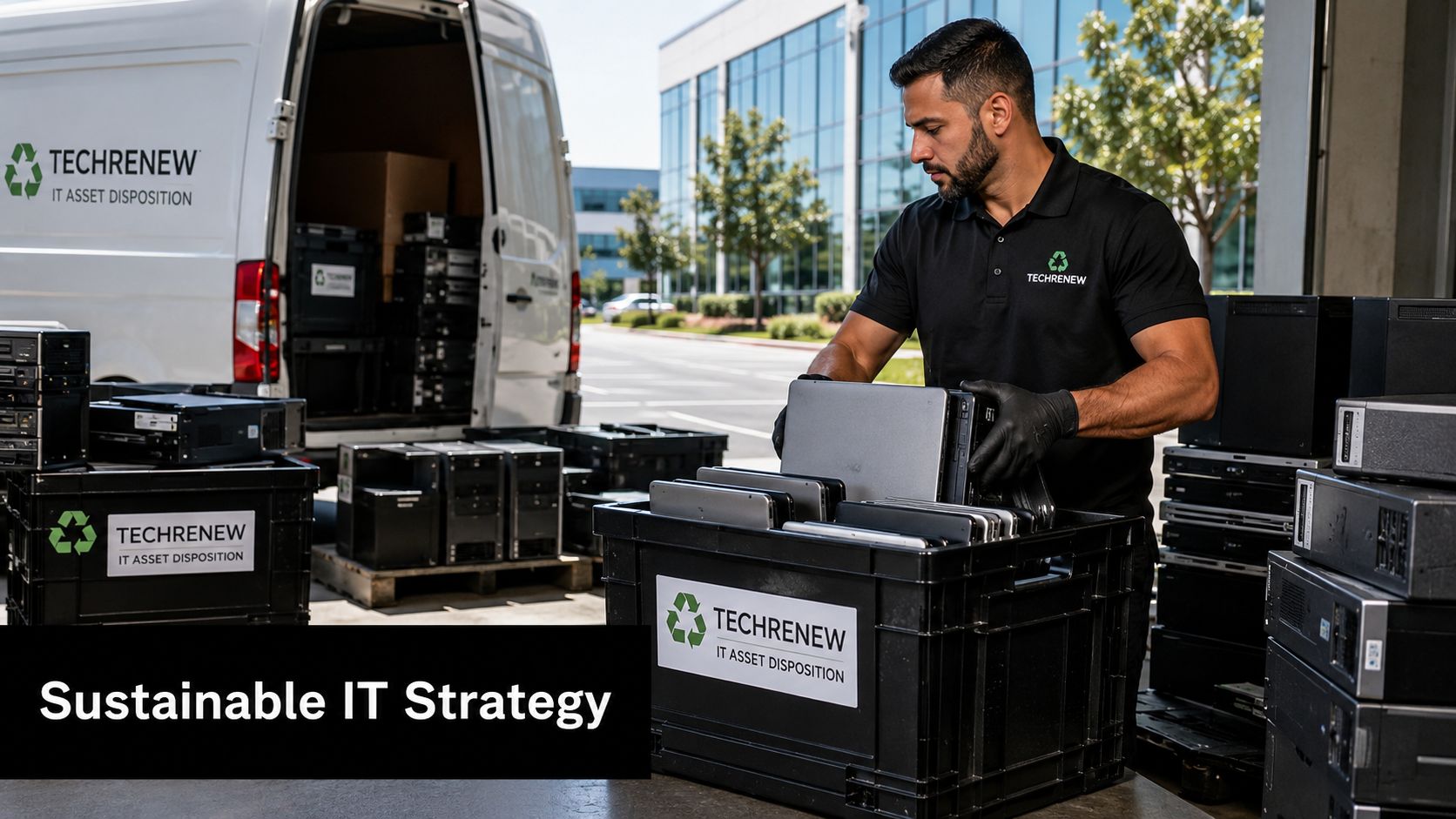 A technician wearing TechRenew uniform loading used laptops into a plastic crate for IT asset disposition.