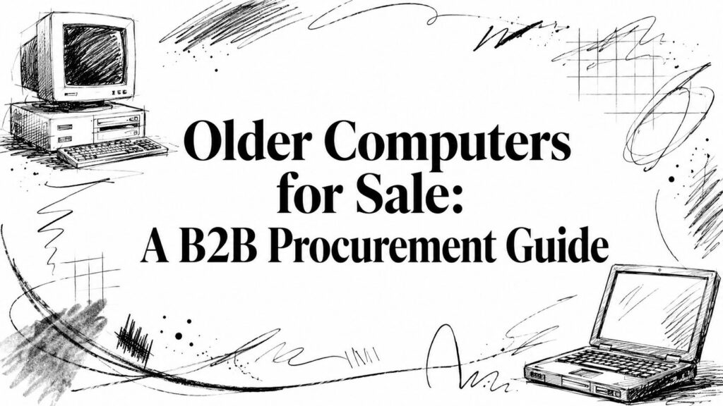 Sketch of an old desktop and laptop with bold text: "Older Computers for Sale: A B2B Procurement Guide.