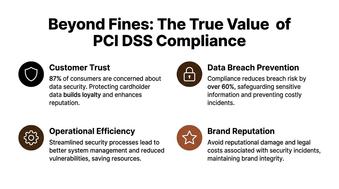 An infographic highlighting the strategic business benefits of PCI DSS compliance beyond avoiding regulatory financial penalties.