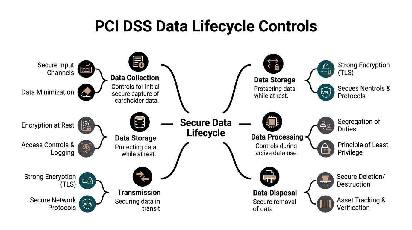 A mind map illustrating PCI DSS data lifecycle controls for secure cardholder data management.