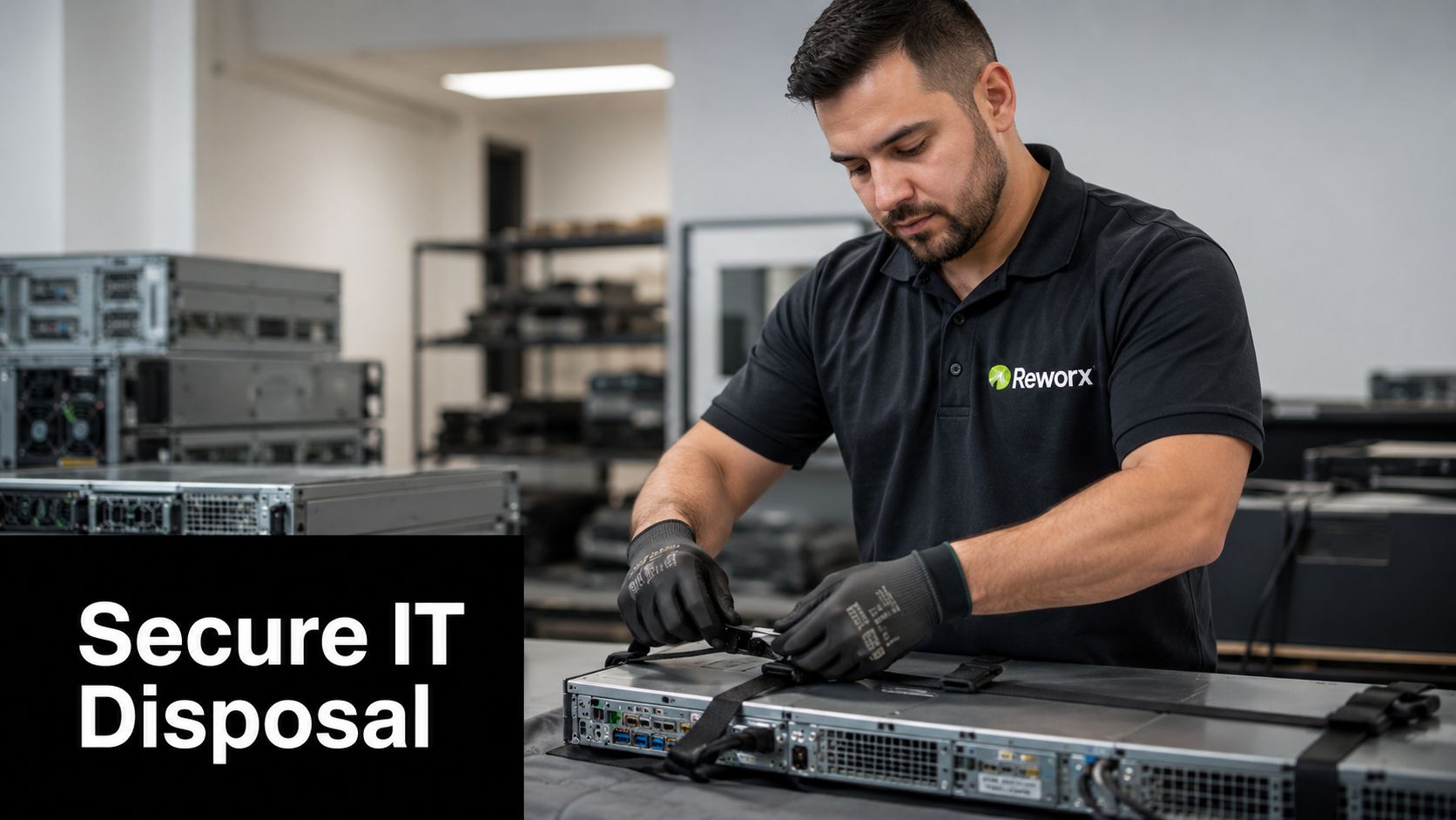 A technician wearing protective gloves secures a server unit during a professional IT disposal and recycling process.
