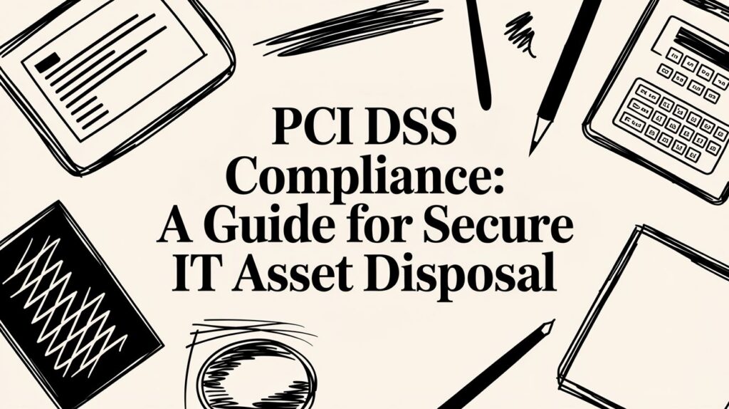 PCI DSS Compliance message on office supplies guide cover with sketches emphasizes secure IT asset disposal.