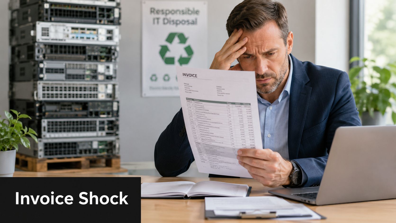 A concerned businessman looking at an invoice in an office surrounded by servers and a laptop computer.