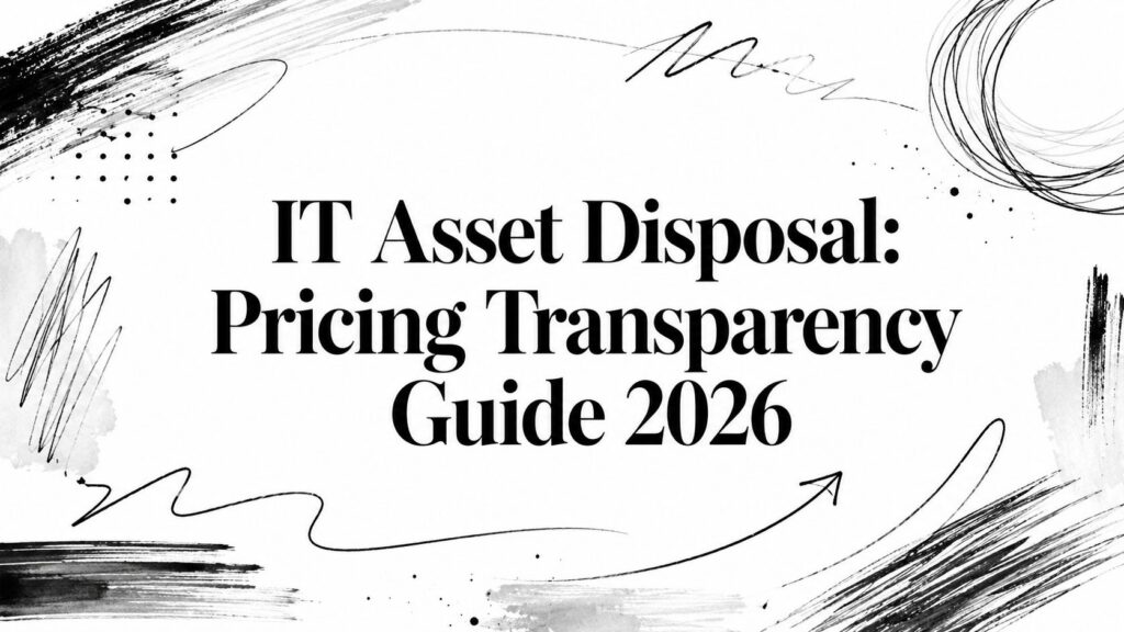 The text "IT Asset Disposal: Pricing Transparency Guide 2026" appears on a black and white brushstroke background.