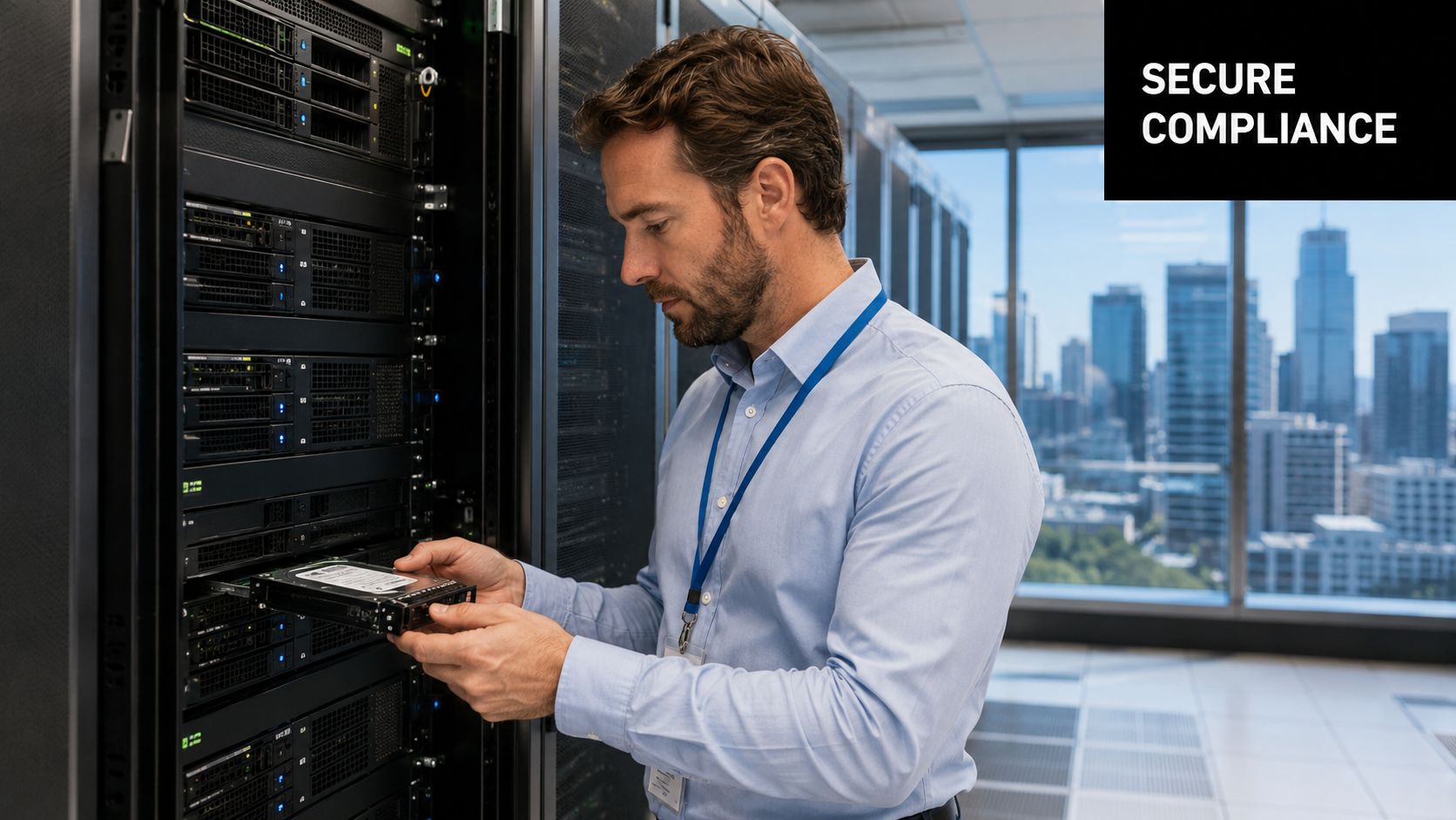 A professional technician carefully installing a hard drive into a server rack in a modern data center.
